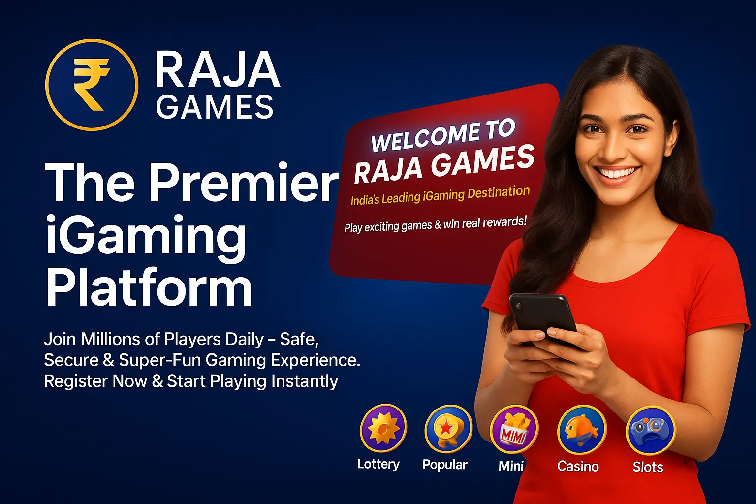 Displaying the Raja Games platform with game selections and user interface elements.
